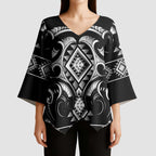 Black Ngaru Taniko With Aotearoa Maori Tattoo Kimono Sleeve Blouse - Aussie Hoodie