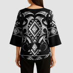 Black Ngaru Taniko With Aotearoa Maori Tattoo Kimono Sleeve Blouse - Aussie Hoodie