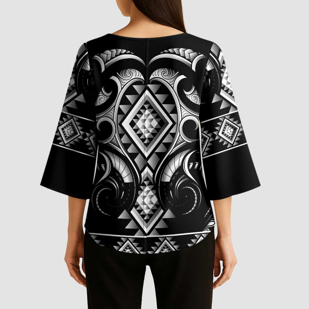 Black Ngaru Taniko With Aotearoa Maori Tattoo Kimono Sleeve Blouse - Aussie Hoodie