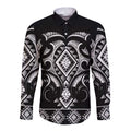 Black Ngaru Taniko With Aotearoa Maori Tattoo Long Sleeve Button Shirt
