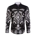 Black Ngaru Taniko With Aotearoa Maori Tattoo Long Sleeve Button Shirt