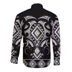 Black Ngaru Taniko With Aotearoa Maori Tattoo Long Sleeve Button Shirt