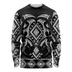 Black Ngaru Taniko With Aotearoa Maori Tattoo Long Sleeve Shirt