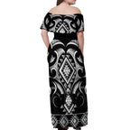 Black Ngaru Taniko With Aotearoa Maori Tattoo Off Shoulder Maxi Dress