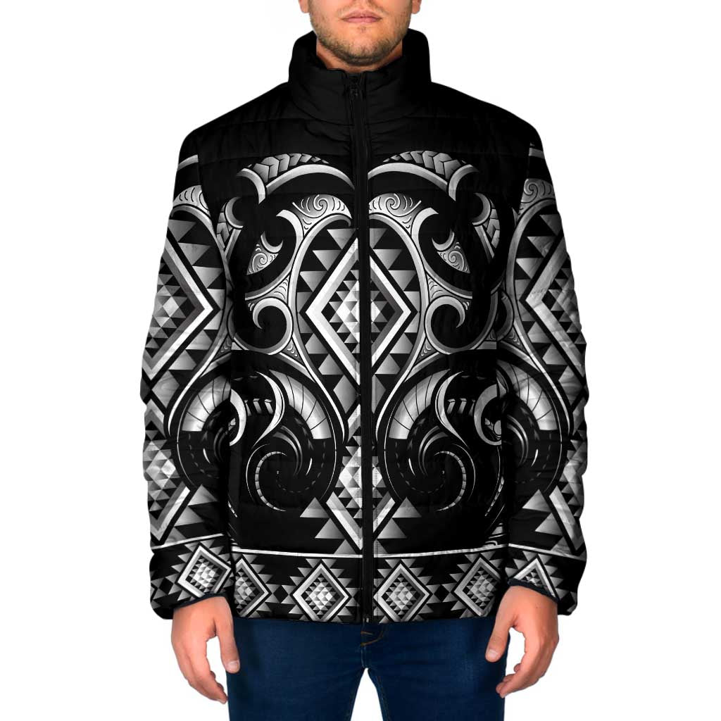 Black Ngaru Taniko With Aotearoa Maori Tattoo Padded Jacket - Aussie Hoodie