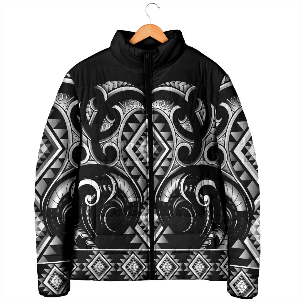 Black Ngaru Taniko With Aotearoa Maori Tattoo Padded Jacket - Aussie Hoodie