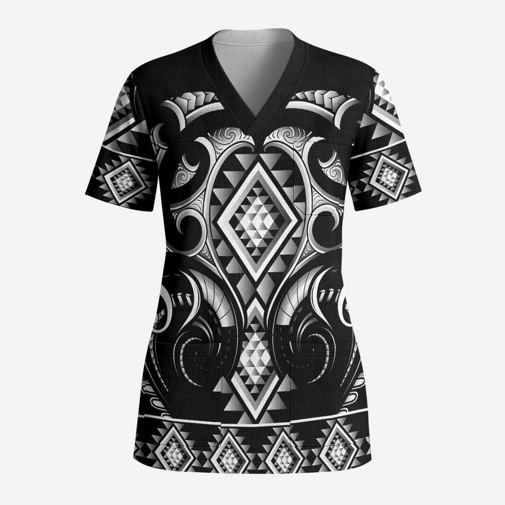 Black Ngaru Taniko With Aotearoa Maori Tattoo Scrub Top - Aussie Hoodie