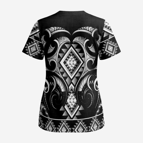 Black Ngaru Taniko With Aotearoa Maori Tattoo Scrub Top - Aussie Hoodie