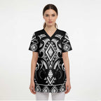 Black Ngaru Taniko With Aotearoa Maori Tattoo Scrub Top - Aussie Hoodie
