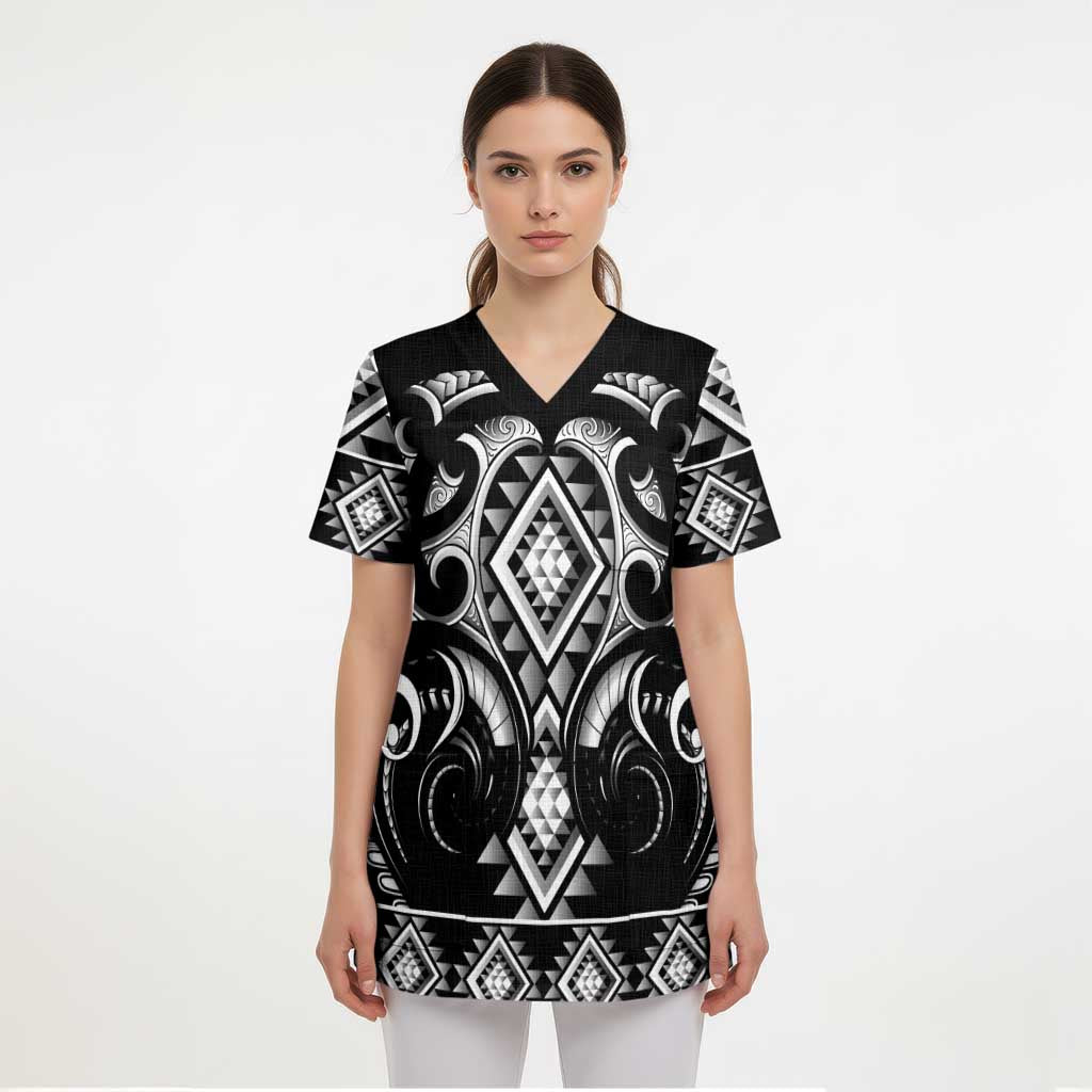 Black Ngaru Taniko With Aotearoa Maori Tattoo Scrub Top - Aussie Hoodie