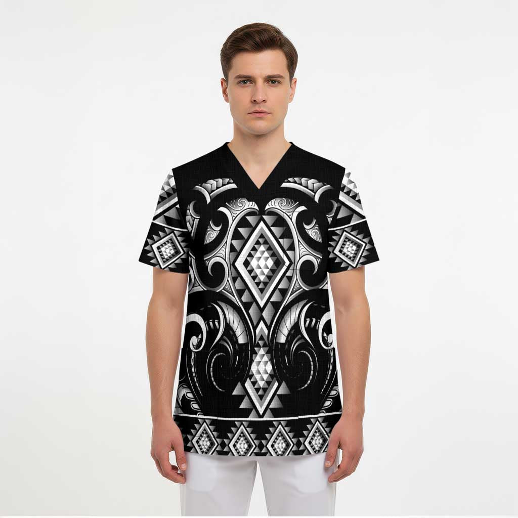 Black Ngaru Taniko With Aotearoa Maori Tattoo Scrub Top - Aussie Hoodie
