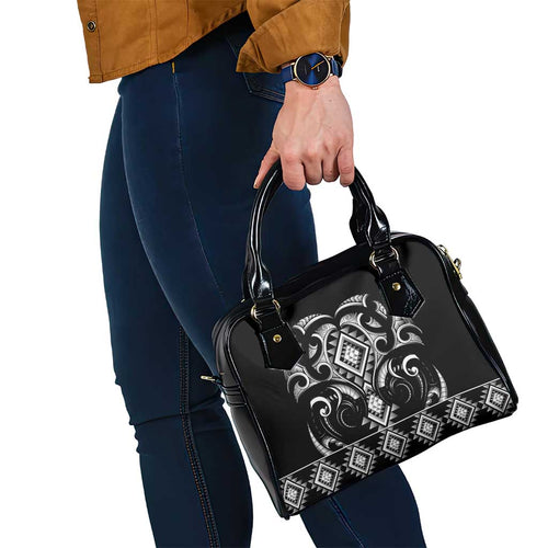 Black Ngaru Taniko With Aotearoa Maori Tattoo Shoulder Handbag