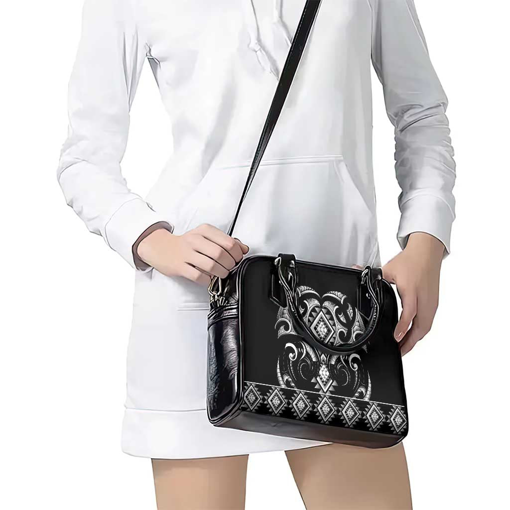 Black Ngaru Taniko With Aotearoa Maori Tattoo Shoulder Handbag