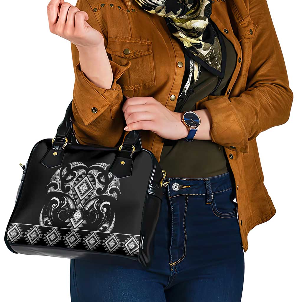 Black Ngaru Taniko With Aotearoa Maori Tattoo Shoulder Handbag