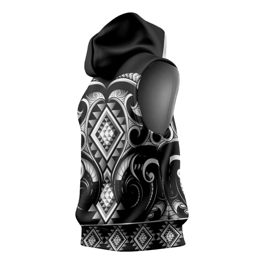 Black Ngaru Taniko With Aotearoa Maori Tattoo Sleeveless Hoodie - Aussie Hoodie