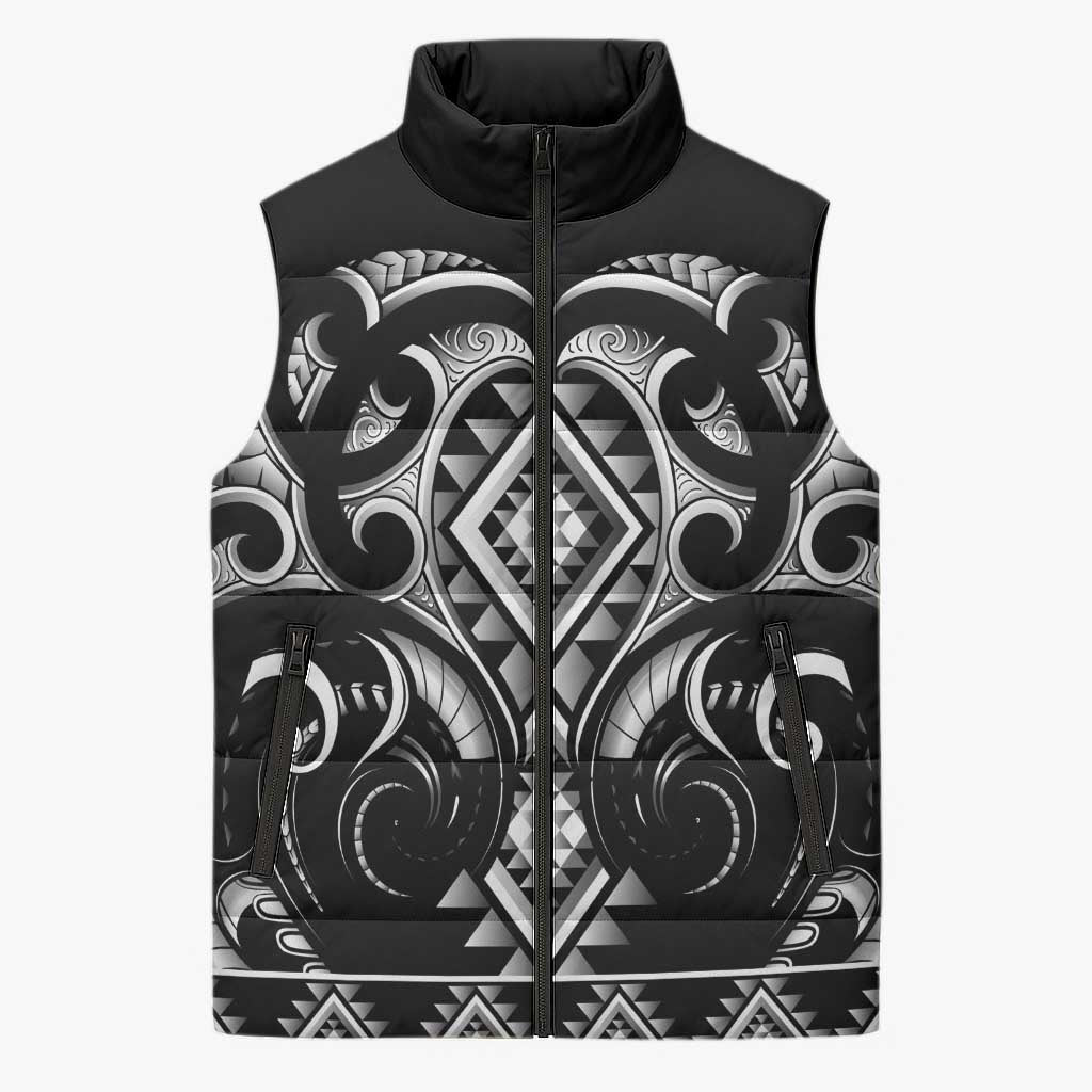Black Ngaru Taniko With Aotearoa Maori Tattoo Sleeveless Puffer Jacket - Aussie Hoodie