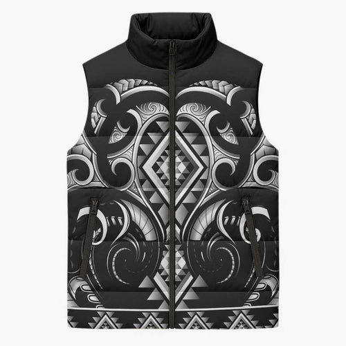 Black Ngaru Taniko With Aotearoa Maori Tattoo Sleeveless Puffer Jacket - Aussie Hoodie