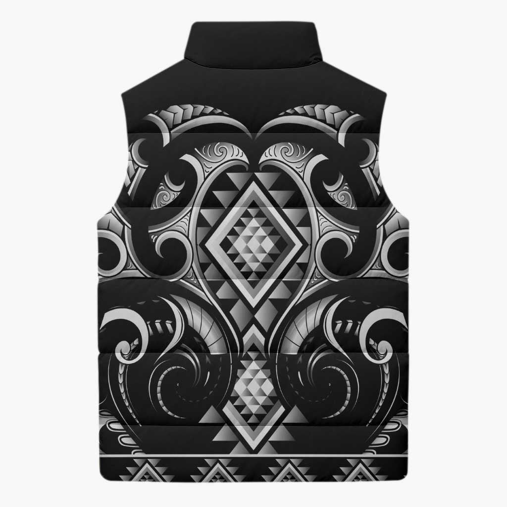 Black Ngaru Taniko With Aotearoa Maori Tattoo Sleeveless Puffer Jacket - Aussie Hoodie