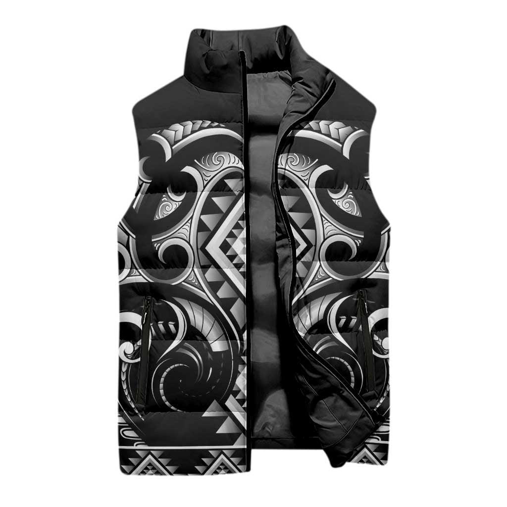 Black Ngaru Taniko With Aotearoa Maori Tattoo Sleeveless Puffer Jacket - Aussie Hoodie