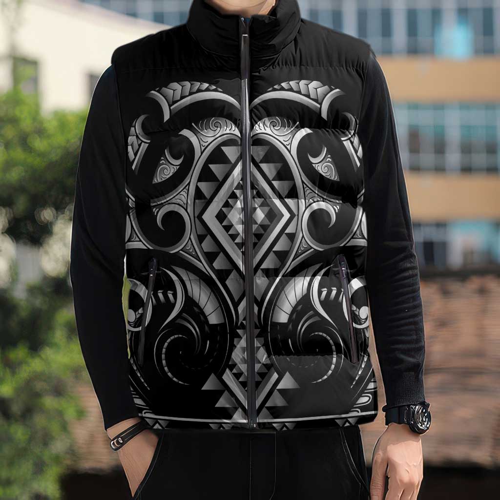 Black Ngaru Taniko With Aotearoa Maori Tattoo Sleeveless Puffer Jacket - Aussie Hoodie