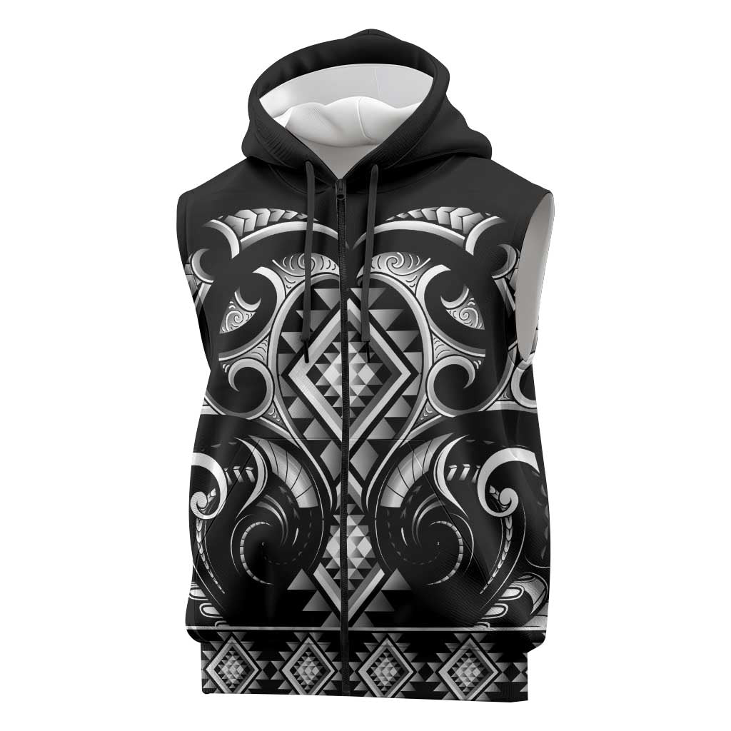 Black Ngaru Taniko With Aotearoa Maori Tattoo Sleeveless Zip Hoodie LT14
