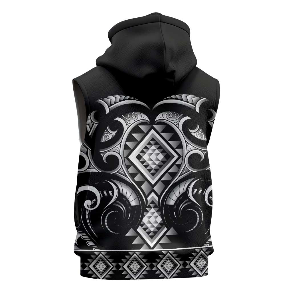 Black Ngaru Taniko With Aotearoa Maori Tattoo Sleeveless Zip Hoodie LT14