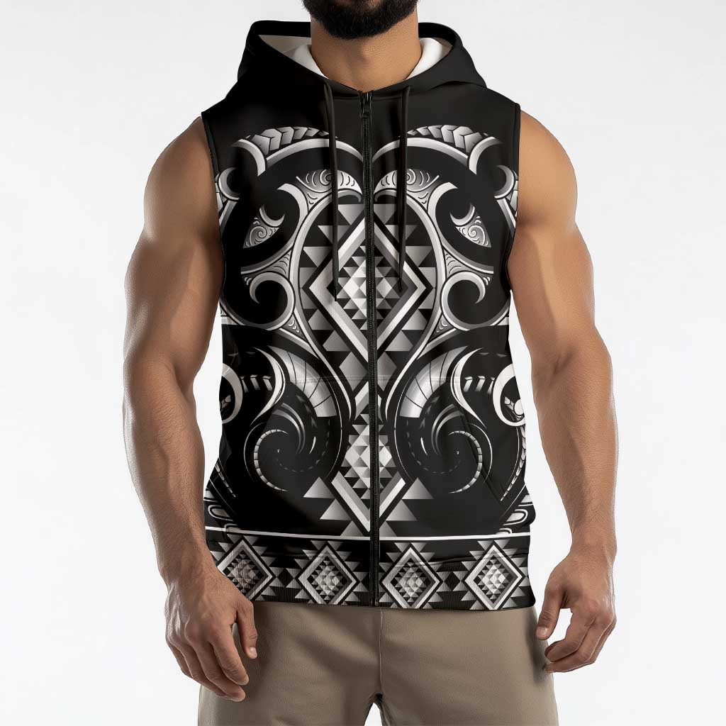 Black Ngaru Taniko With Aotearoa Maori Tattoo Sleeveless Zip Hoodie LT14