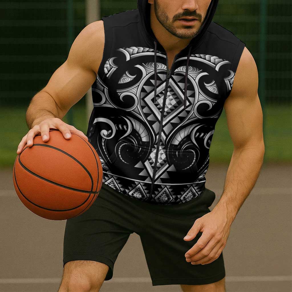 Black Ngaru Taniko With Aotearoa Maori Tattoo Sleeveless Zip Hoodie LT14