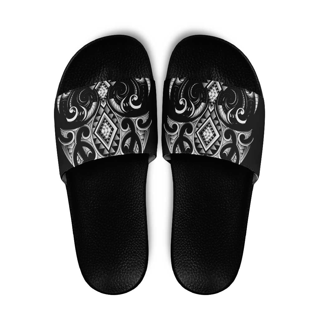 Black Ngaru Taniko With Aotearoa Maori Tattoo Slide Sandals - Aussie Hoodie