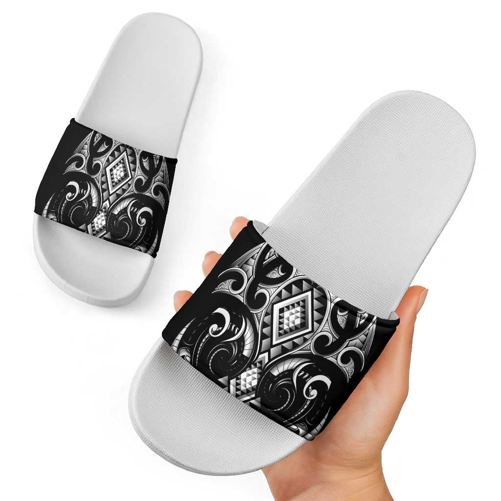 Black Ngaru Taniko With Aotearoa Maori Tattoo Slide Sandals - Aussie Hoodie
