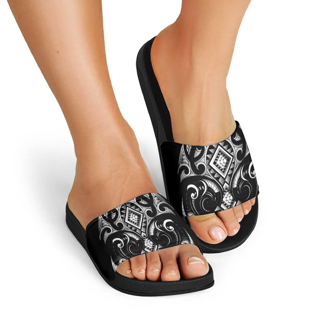 Black Ngaru Taniko With Aotearoa Maori Tattoo Slide Sandals - Aussie Hoodie