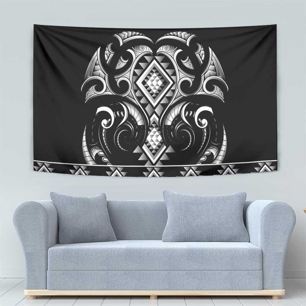 Black Ngaru Taniko With Aotearoa Maori Tattoo Tapestry