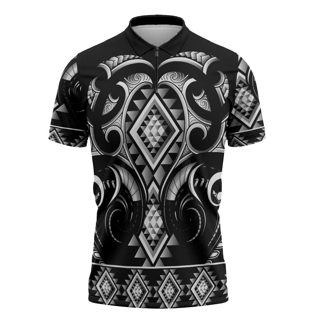 Black Ngaru Taniko With Aotearoa Maori Tattoo Zipper Polo Shirt - Aussie Hoodie