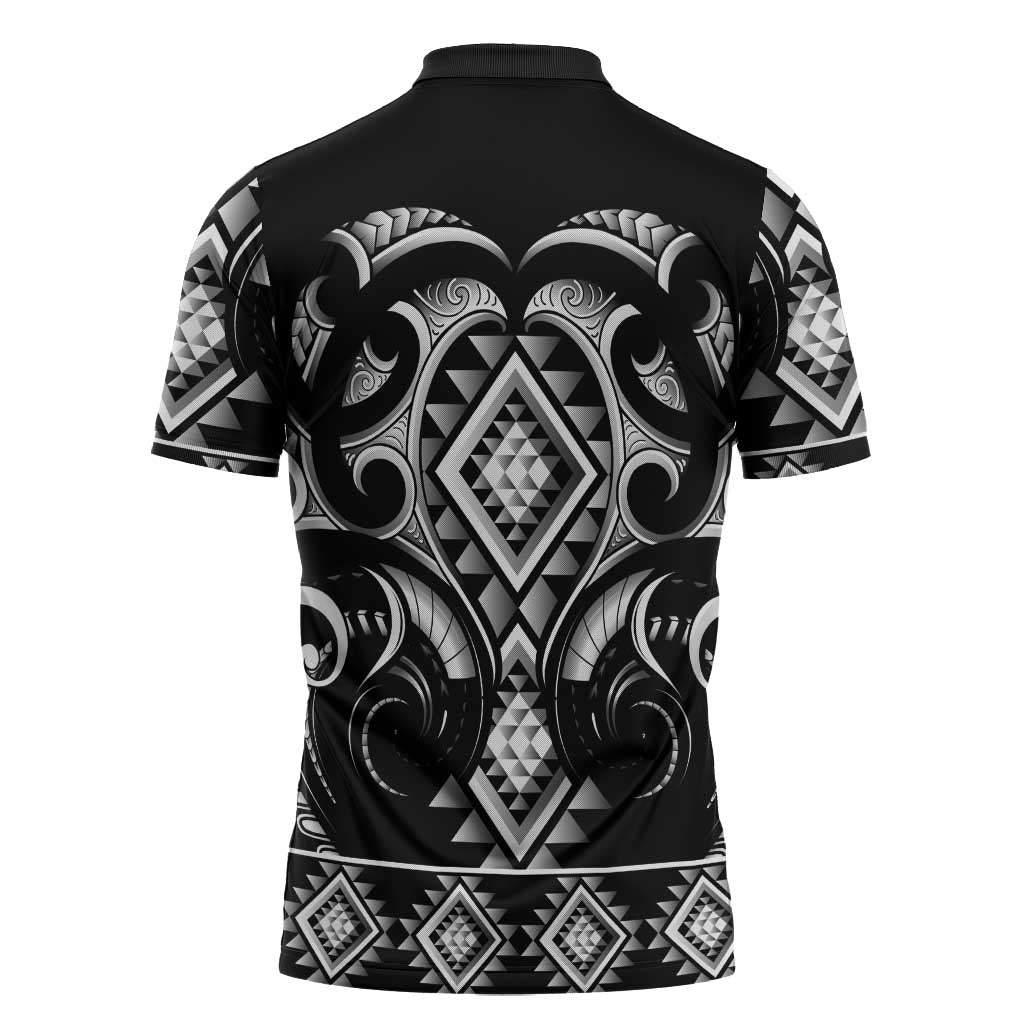 Black Ngaru Taniko With Aotearoa Maori Tattoo Zipper Polo Shirt - Aussie Hoodie