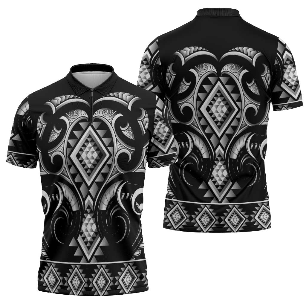 Black Ngaru Taniko With Aotearoa Maori Tattoo Zipper Polo Shirt - Aussie Hoodie