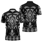 Black Ngaru Taniko With Aotearoa Maori Tattoo Zipper Polo Shirt - Aussie Hoodie