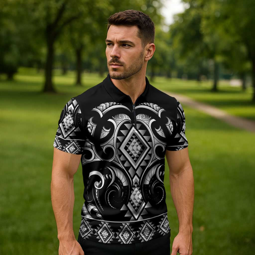 Black Ngaru Taniko With Aotearoa Maori Tattoo Zipper Polo Shirt - Aussie Hoodie