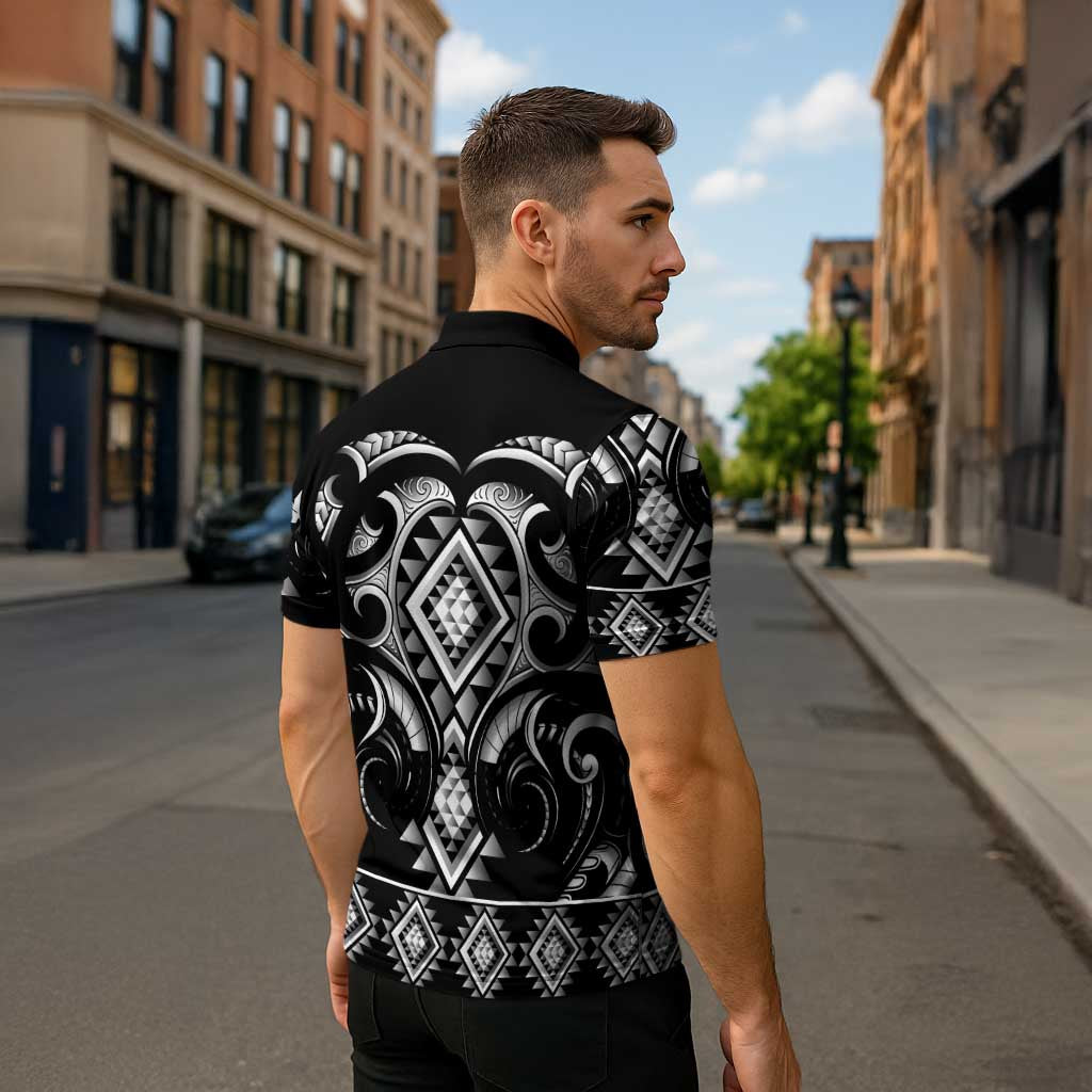 Black Ngaru Taniko With Aotearoa Maori Tattoo Zipper Polo Shirt - Aussie Hoodie