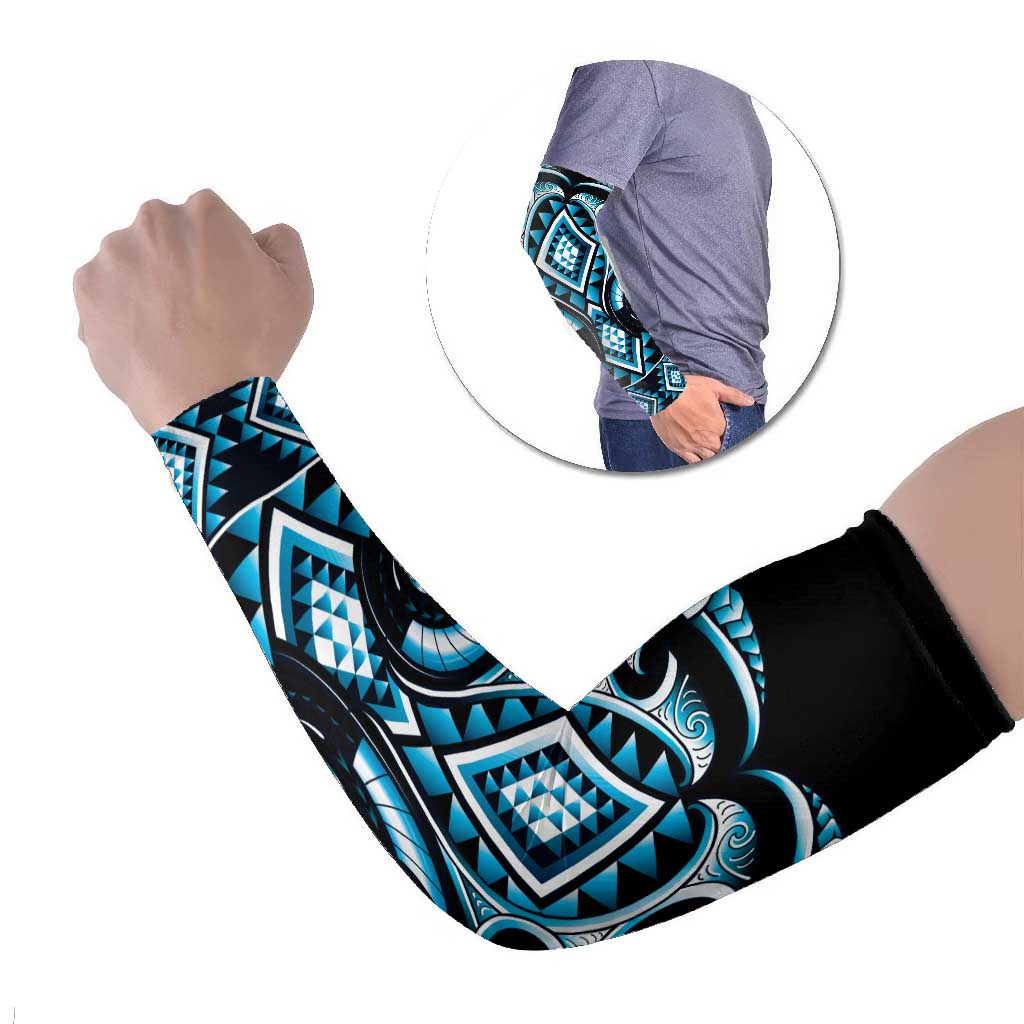 Blue Ngaru Taniko With Aotearoa Maori Tattoo Arm Sleeves - Aussie Hoodie