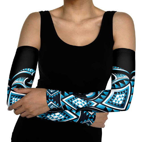 Blue Ngaru Taniko With Aotearoa Maori Tattoo Arm Sleeves - Aussie Hoodie
