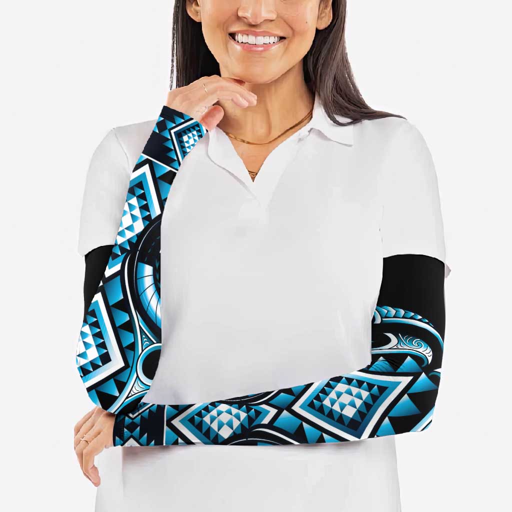 Blue Ngaru Taniko With Aotearoa Maori Tattoo Arm Sleeves - Aussie Hoodie