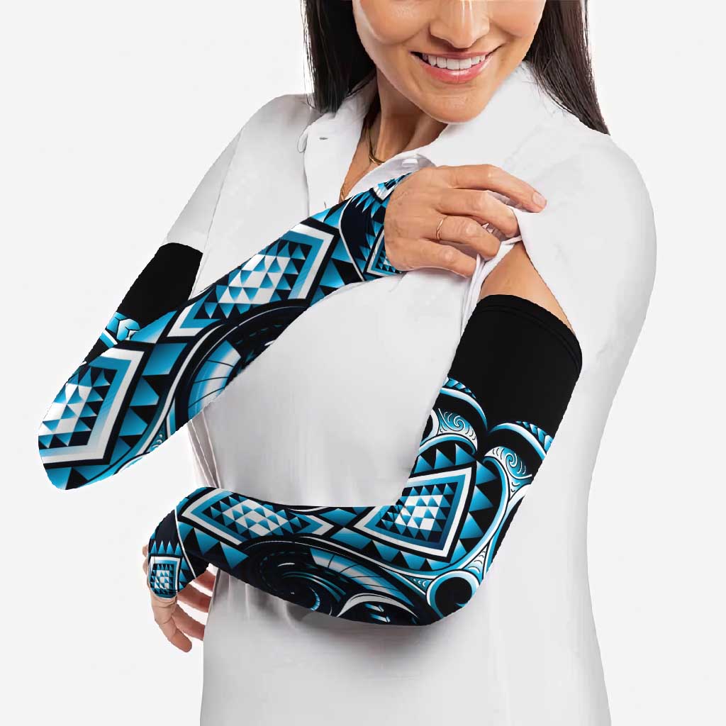 Blue Ngaru Taniko With Aotearoa Maori Tattoo Arm Sleeves - Aussie Hoodie