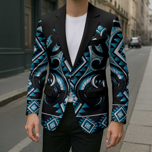 Blue Ngaru Taniko With Aotearoa Maori Tattoo Blazer - Aussie Hoodie
