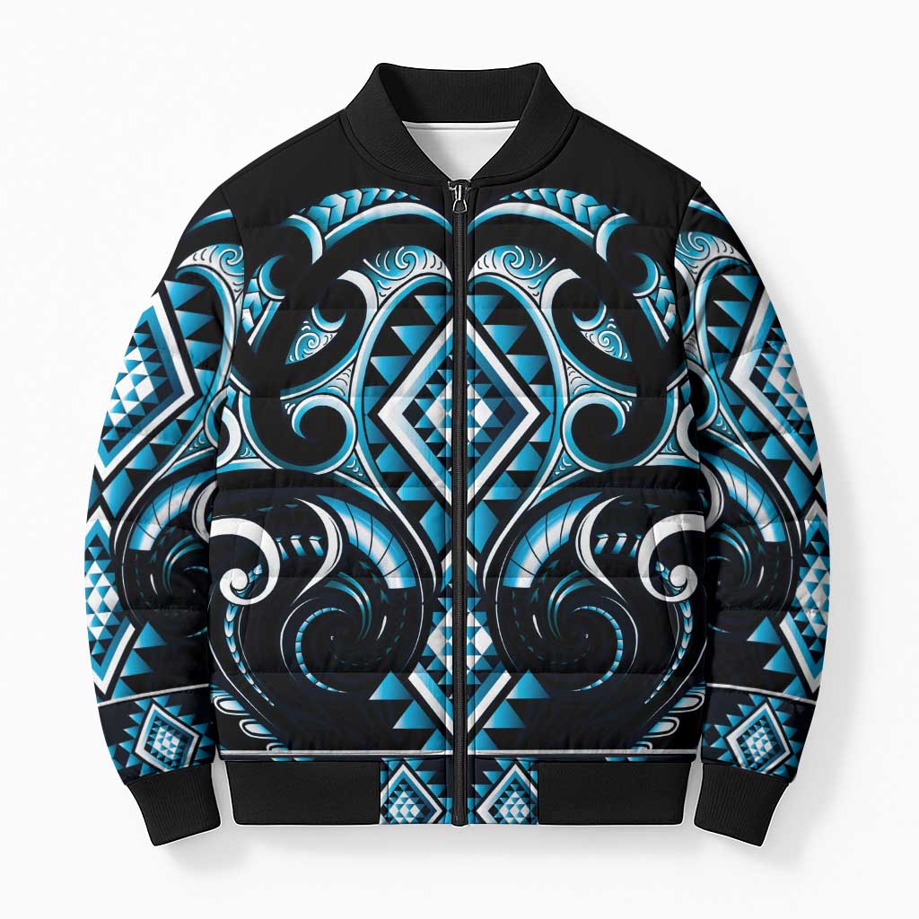 Blue Ngaru Taniko With Aotearoa Maori Tattoo Bomber Puffer Jacket - Aussie Hoodie