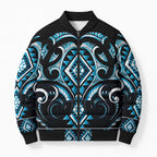 Blue Ngaru Taniko With Aotearoa Maori Tattoo Bomber Puffer Jacket - Aussie Hoodie