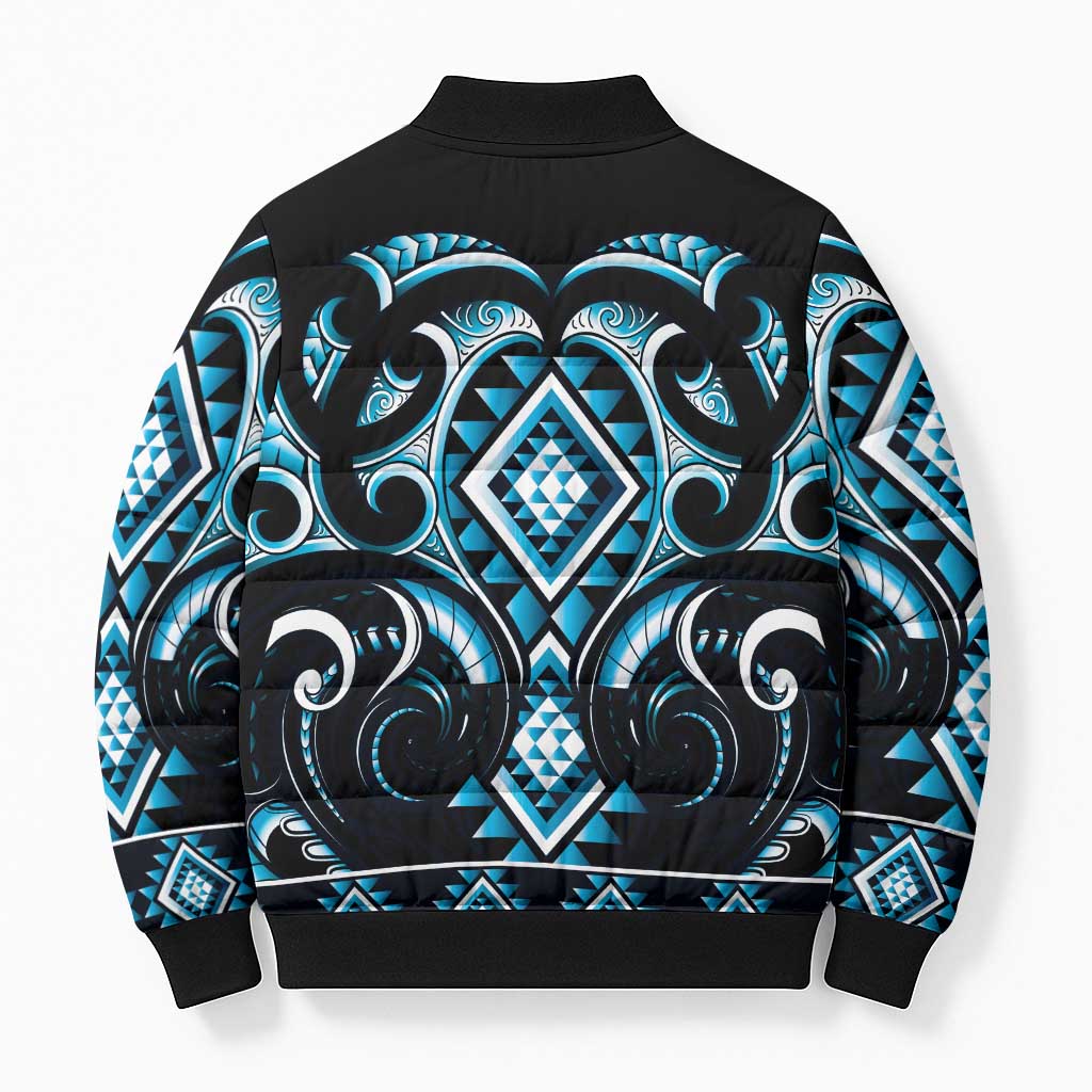 Blue Ngaru Taniko With Aotearoa Maori Tattoo Bomber Puffer Jacket - Aussie Hoodie