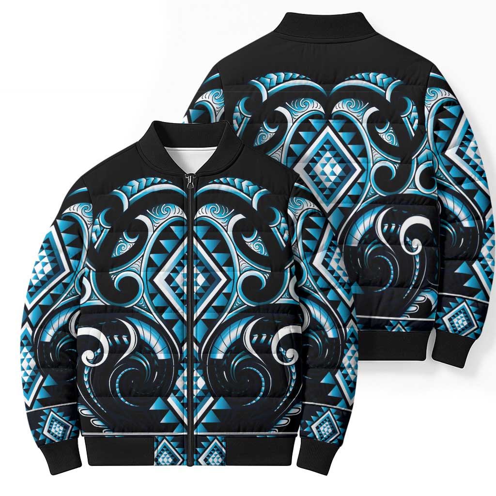 Blue Ngaru Taniko With Aotearoa Maori Tattoo Bomber Puffer Jacket - Aussie Hoodie