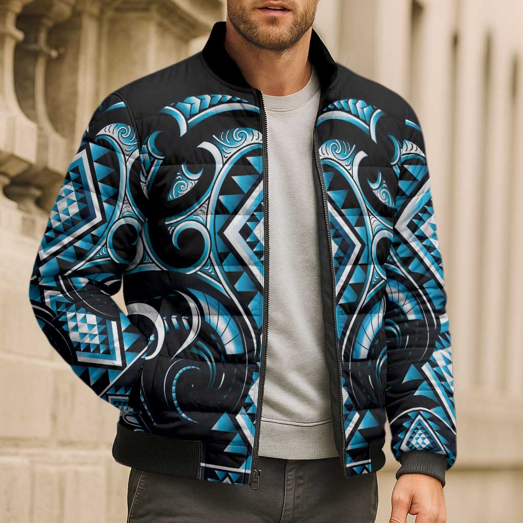 Blue Ngaru Taniko With Aotearoa Maori Tattoo Bomber Puffer Jacket - Aussie Hoodie
