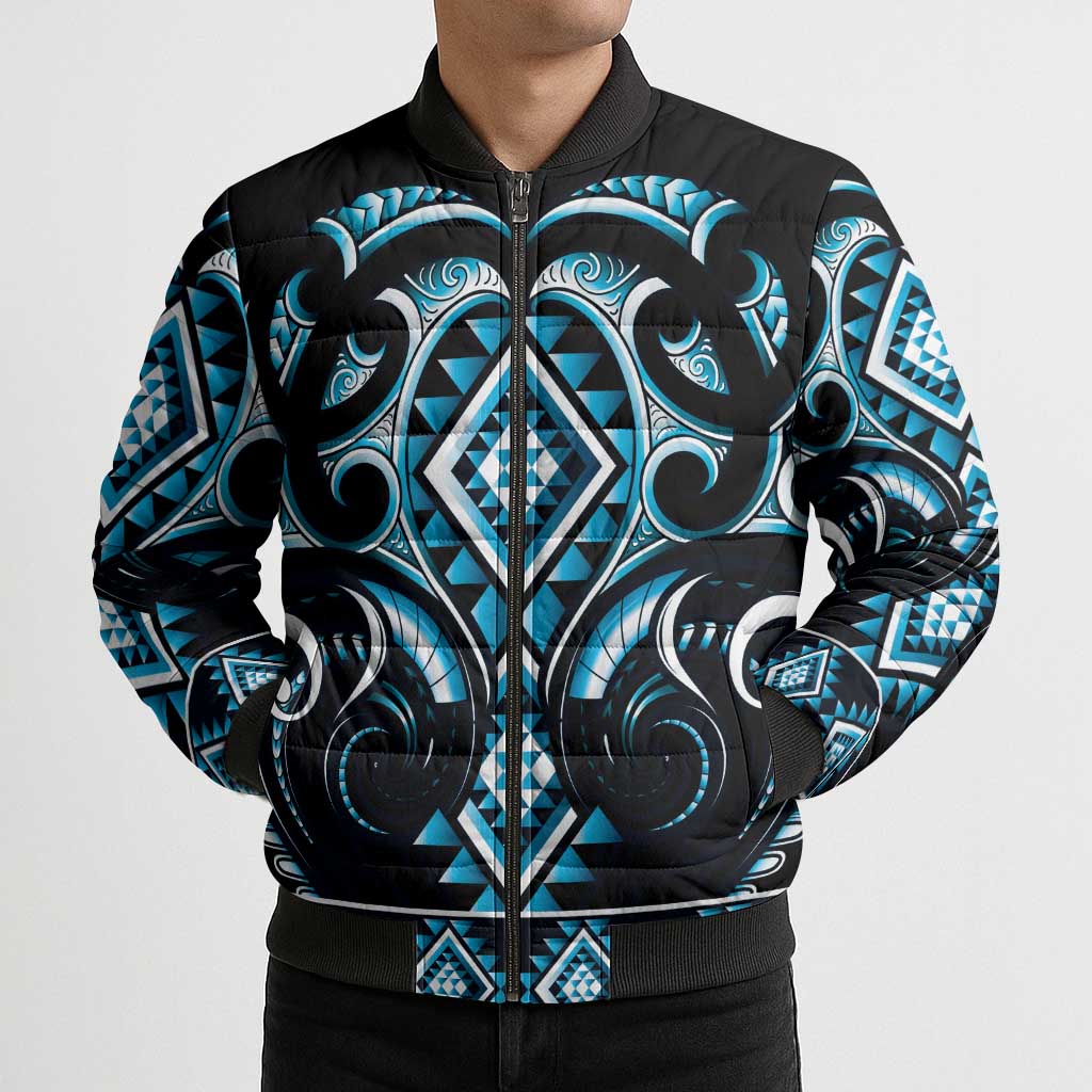 Blue Ngaru Taniko With Aotearoa Maori Tattoo Bomber Puffer Jacket - Aussie Hoodie