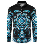 Blue Ngaru Taniko With Aotearoa Maori Tattoo Button Sweatshirt